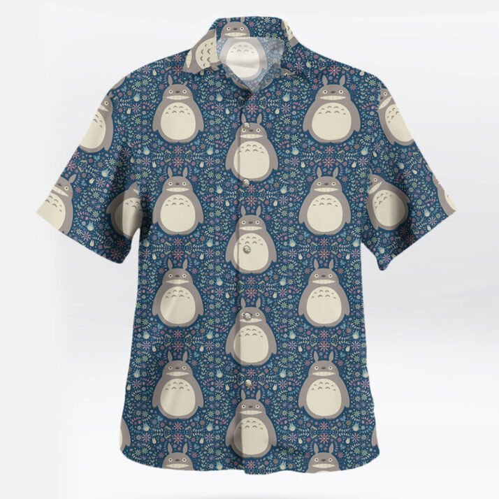 Blue Floral Totoro Short Sleeve Button Up Shirts