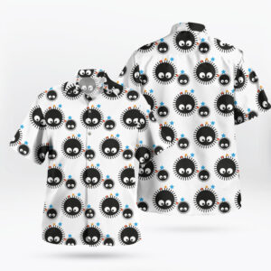 Cute White Susuwatari Cartoon Button Up Hawaiian Shirt