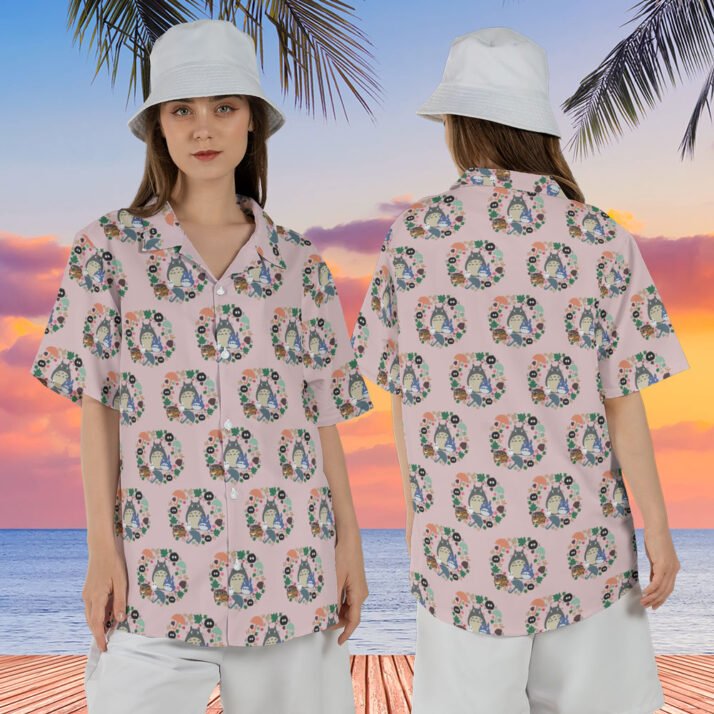 Pastel Pink Totoro Floral Circle Aloha Hawaiian Shirts