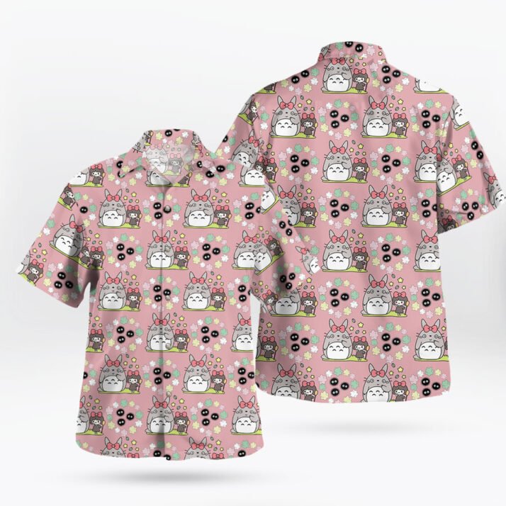 Pink Cute Totoro & Soot Sprites Pattern Hawaiian Shirt