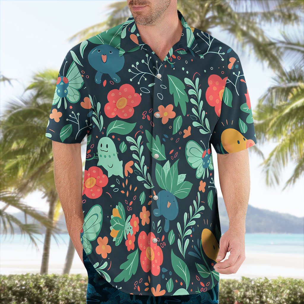 Bulbasaur Chikorita Oddish Pokémon Hawaiian Shirt Floral Print