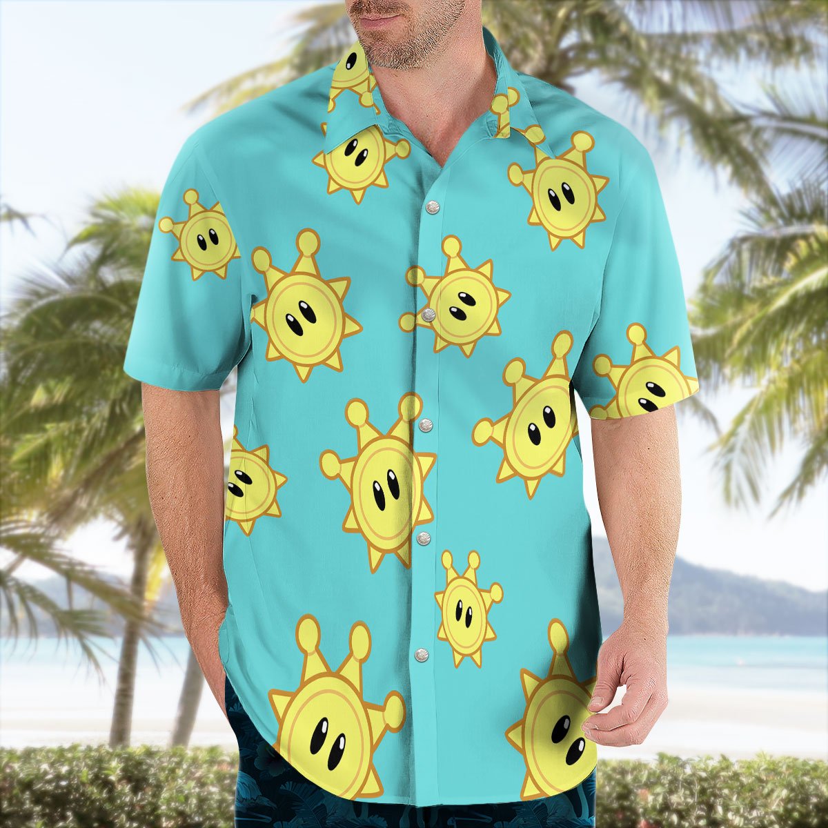 Shine Sprite Hawaiian Shirt Super Mario Inspired Sun Print Aloha Shirt 4