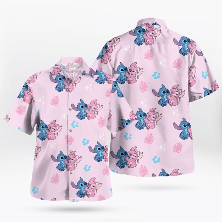 Stitch and Angel Pink Hawaiian Shirt Tropical Cute Print - Image 2