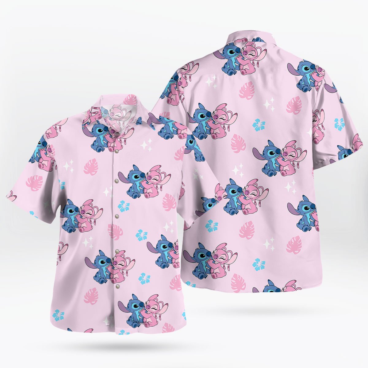 Stitch and Angel Pink Hawaiian Shirt Tropical Cute Print 2