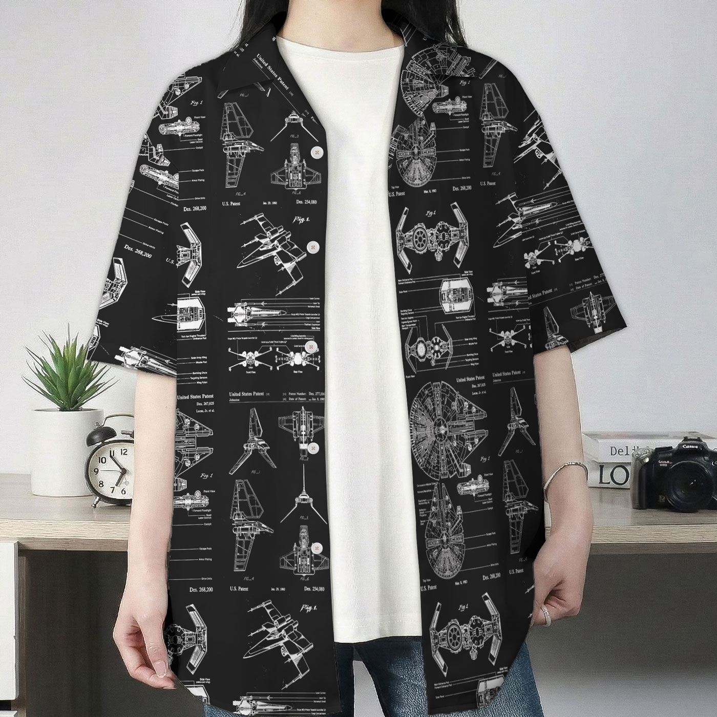 Black Sci Fi Starship Blueprint Technical Hawaiian Shirt 1