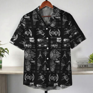Black Sci-Fi Starship Blueprint Technical Hawaiian Shirt