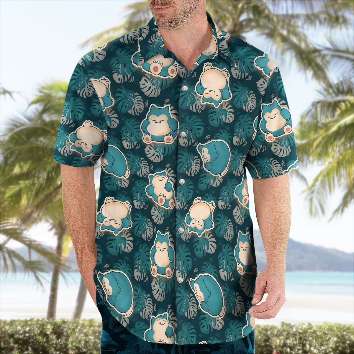 Snorlax Tropical Leaf Pokemon Hawaiian Shirt Blue Green 3