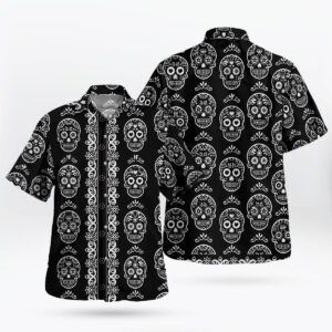 Black White Sugar Skull Pattern Hawaiian Shirt 3