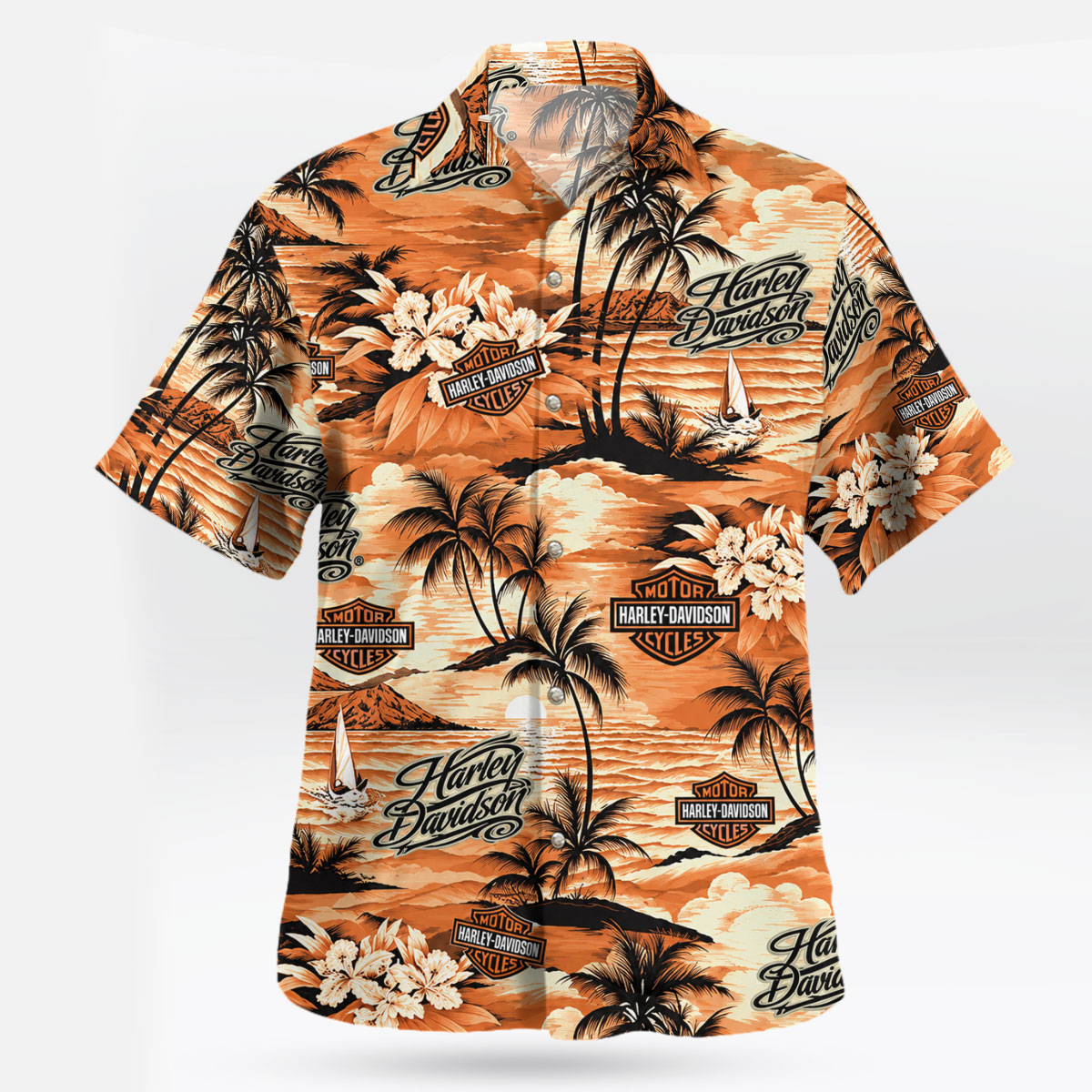 Harley Davidson Orange Tropical Hawaiian Shirt 7 Harley Davidson Orange Tropical Hawaiian Shirt 3