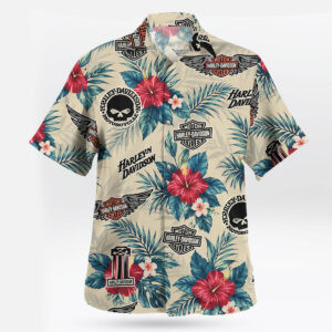 Harley Davidson Red Hibiscus Skull Hawaiian Shirt