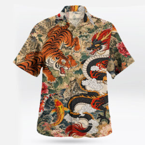 Japanese Dragon Tiger Koi Floral Hawaiian Shirt