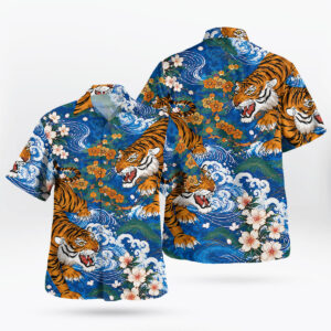 Japanese Tiger Blue Ocean Sakura Hawaiian Shirt