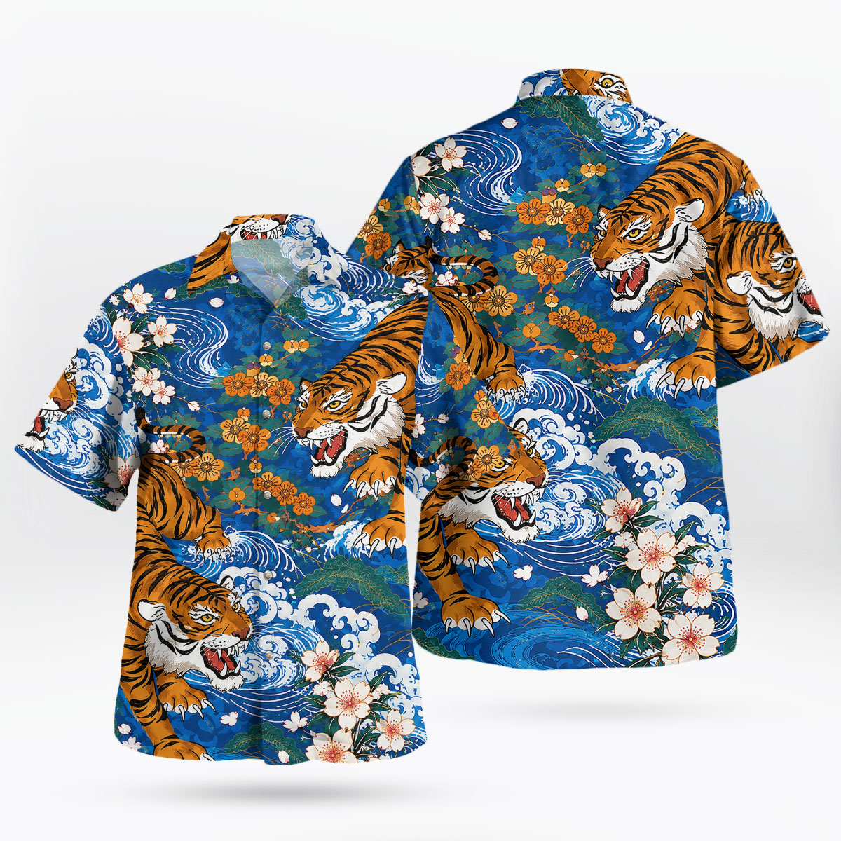 Japanese Tiger Blue Ocean Sakura Hawaiian Shirt 5 Japanese Tiger Blue Ocean Sakura Hawaiian Shirt 2
