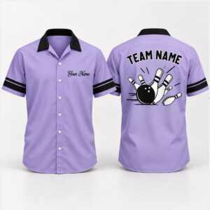 Custom Purple Bowling Team Name Hawaiian Shirt