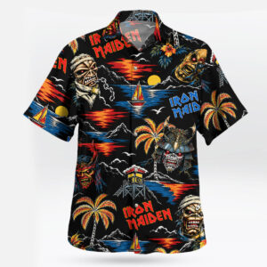 Iron Maiden Eddie Tropical Sunset Black Hawaiian Shirt