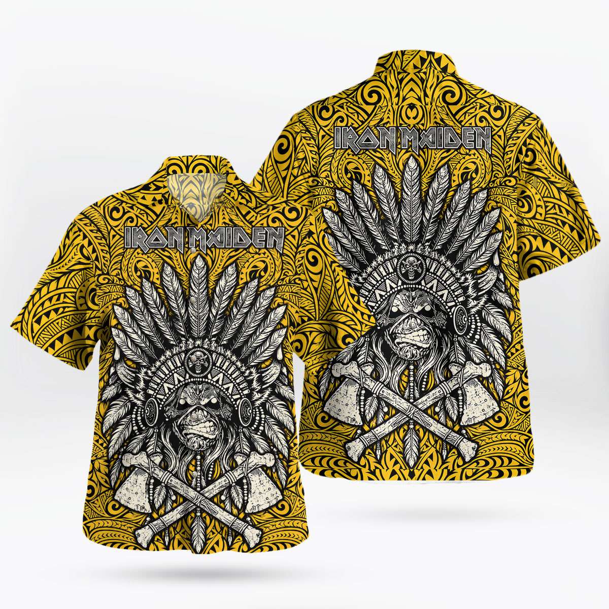 Iron Maiden Run to the Hills Tribal Yellow Hawaiian Shirt 7 Iron Maiden Run to the Hills Tribal Yellow Hawaiian Shirt 3