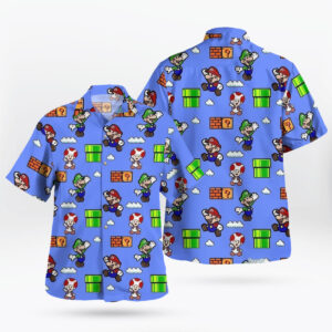 Super Mario Bros Mario Luigi and Toad Blue Hawaiian Shirt